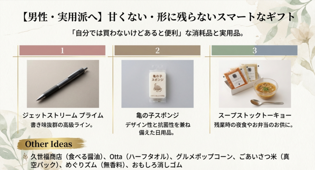 ジェットストリームのペンや亀の子スポンジなど、男性向けの実用的なギフトイメージ