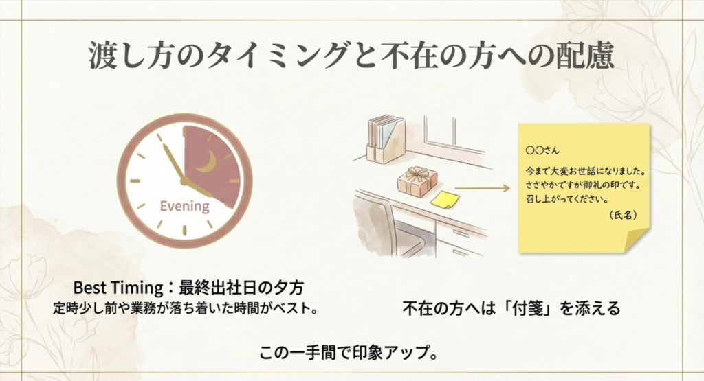 最終出社日の夕方を指す時計と、不在の同僚へ残すメッセージ付箋の書き方例