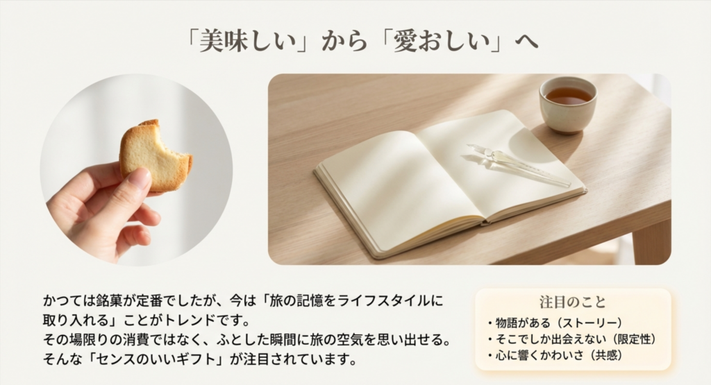 クッキーを持つ手（お菓子）と、ノートとガラスペン（雑貨）の写真を並べ、「美味しい」から「愛おしい」へというキャッチコピーが入ったスライド。
