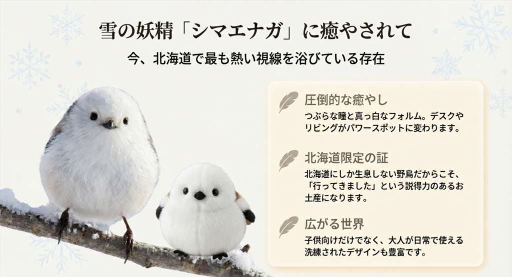 雪の妖精「シマエナガ」に癒やされてという見出しと、その人気の理由（癒やし・限定感・デザイン性）を解説したスライド。