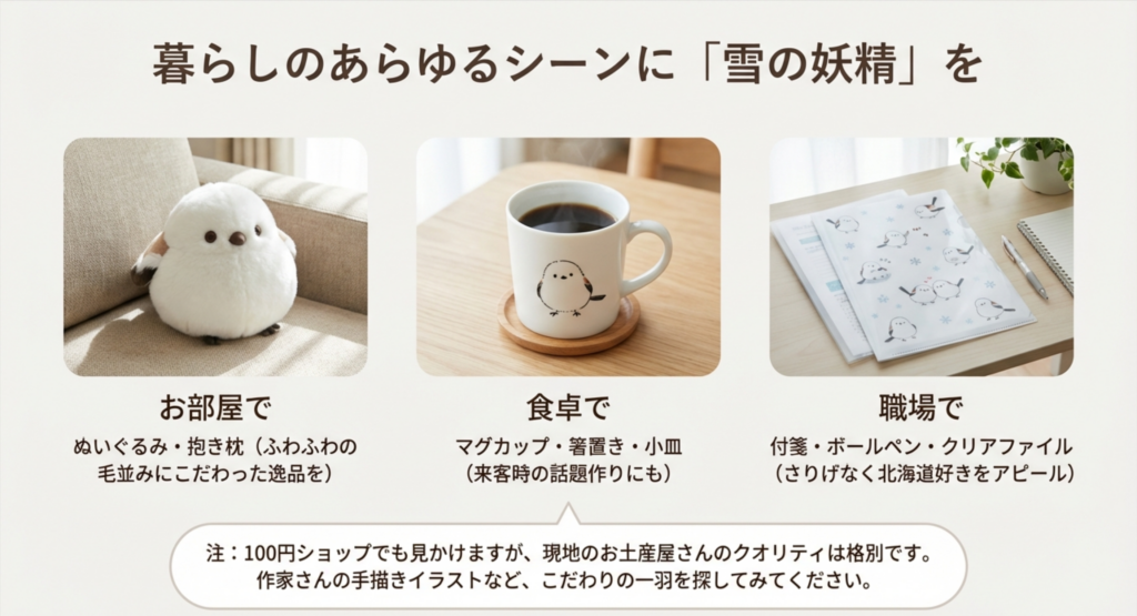 まんまるなシマエナガのぬいぐるみ、イラスト入りのマグカップ、クリアファイルの写真と、それぞれの活用シーンを紹介したスライド。