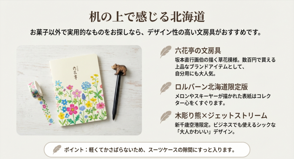 六花亭の花柄ノートとマスキングテープ、木彫り熊がついたボールペンの写真。