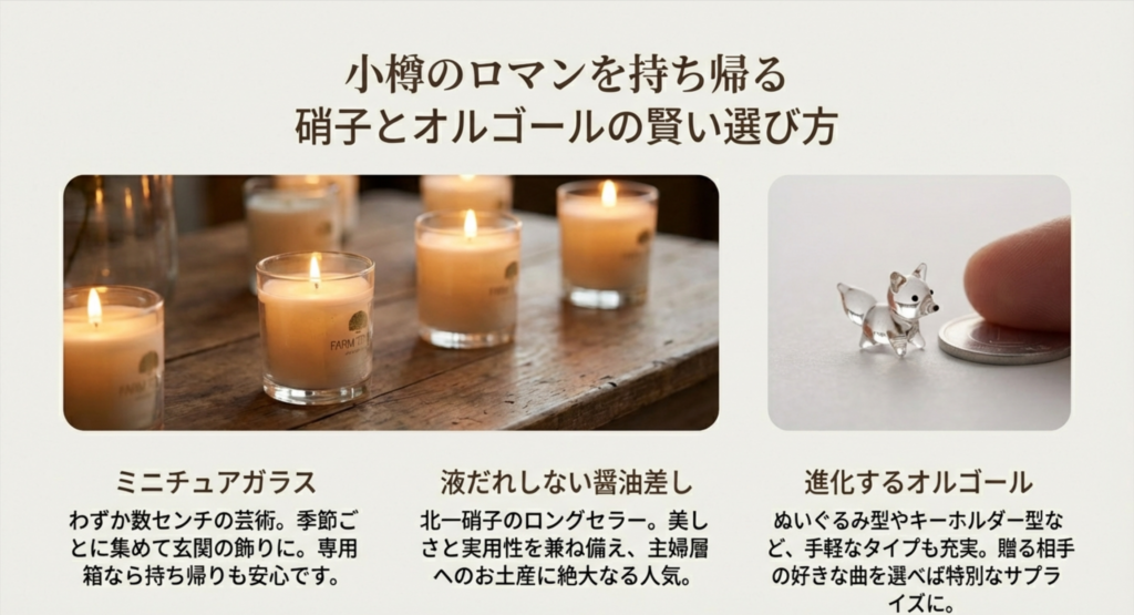 優しい光を灯すキャンドルホルダーと、硬貨ほどのサイズの小さなガラスのキツネの置物の写真。