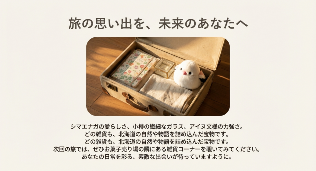 開いたトランクの中に、シマエナガのぬいぐるみや六花亭のノートなど、紹介したお土産が詰め込まれている写真。