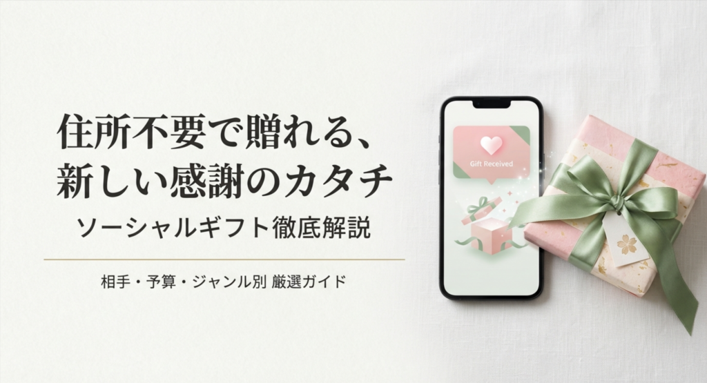 スマートフォンからギフトが飛び出すイメージ画像。「住所不要で贈れる、新しい感謝のカタチ ソーシャルギフト徹底解説」というタイトル文字。