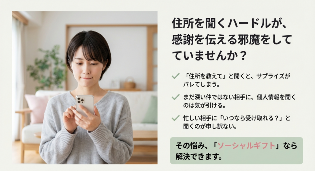 スマホを見つめる女性の画像。「住所を教えてと聞くとサプライズがバレる」「まだ深い仲ではない」といった、住所を聞く際のお悩みを提示したスライド。