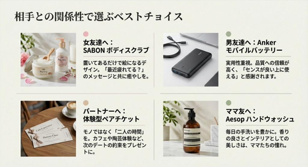 女友達へのSABON、男友達へのAnker、パートナーへのペアチケット、ママ友へのイソップなど、相手別の推奨ギフト紹介。