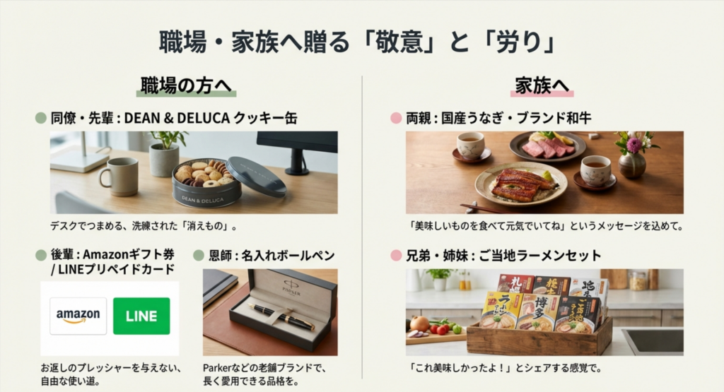 職場の同僚へのクッキー缶、両親へのうなぎ・和牛、後輩へのギフト券、恩師への名入れペン、兄弟へのラーメンなど、フォーマルや家族向けギフトの紹介。
