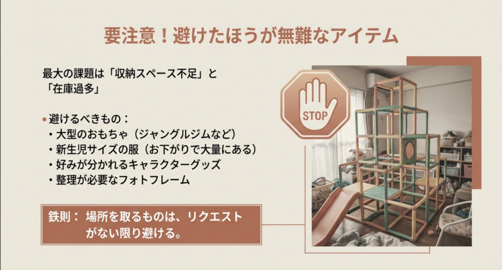 「困った」ギフトの例（大型玩具、新生児服など）とその理由、「嬉しい」ギフトの要素（実利性、特別感）とその例（プレミアム消耗品、ママ向けギフトなど）を対比させたスライド