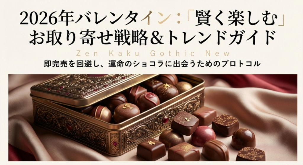 高級感のある缶入りチョコレートの画像。「2026年バレンタイン 賢く楽しむお取り寄せ戦略＆トレンドガイド」というタイトルが入った、本記事のアイキャッチ画像。