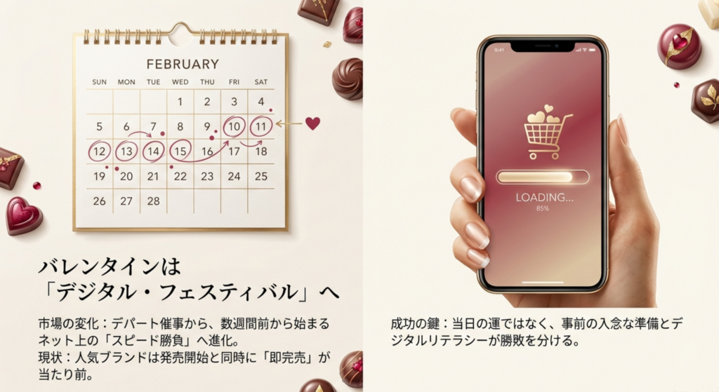スマートフォンのローディング画面と2月のカレンダー。「市場はデジタル・フェスティバルへ」というコピーと共に、即完売が当たり前となった2026年のバレンタイン市場動向を解説したスライド。