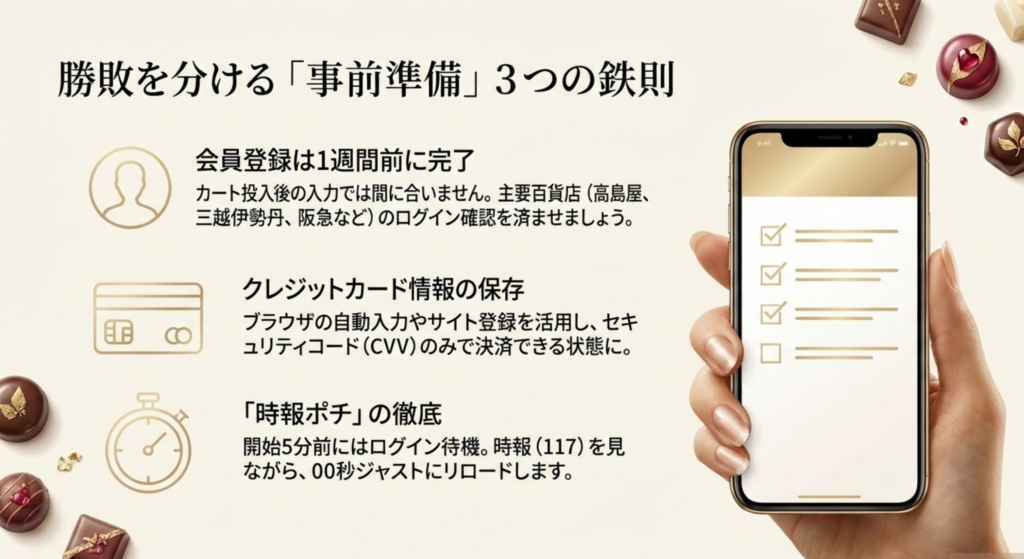 「会員登録は1週間前」「カード情報の保存」「時報ポチの徹底」という、お取り寄せ競争に勝つための3つの具体的な事前準備をまとめたスライド。