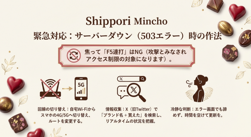 Wi-Fiから5Gへの回線切り替えや、SNSでのリアルタイム検索など、サーバーダウン時に焦らず対応するための具体的な作法を図解したスライド。