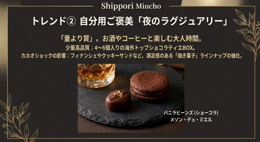 ウイスキーグラスと一粒の高級チョコレート。「量より質」を重視する大人向けのご褒美トレンドと、焼き菓子へのシフトについて解説したスライド。