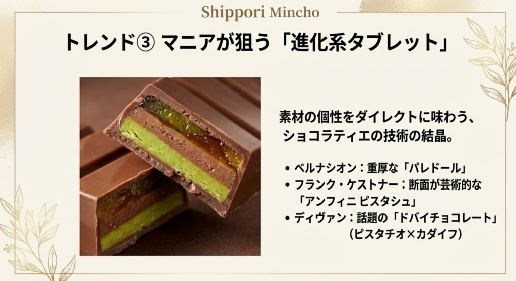 複雑な層の断面が見えるタブレットチョコレート。「素材の個性をダイレクトに味わう」進化系タブレットのトレンドと注目ブランドを紹介するスライド。