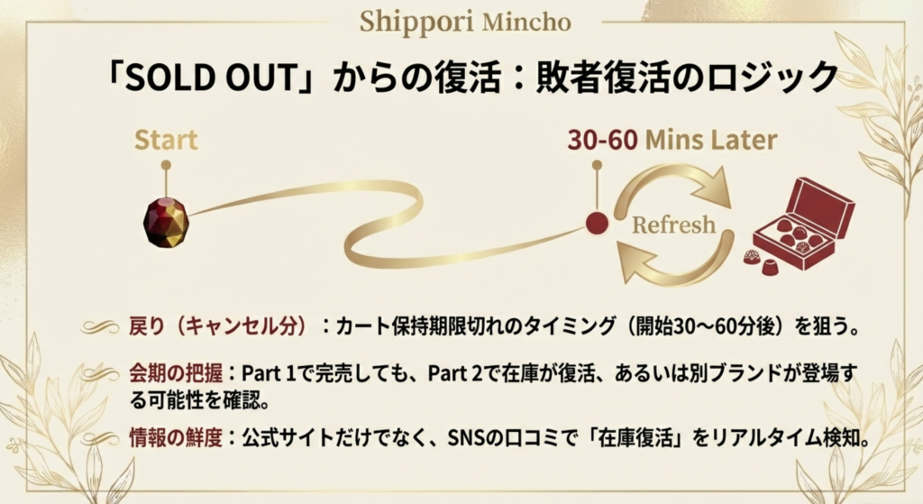 「SOLD OUT」からの復活ロジックを図解したスライド。開始30〜60分後のキャンセル分（戻り）や、Part1/Part2の会期把握について解説。