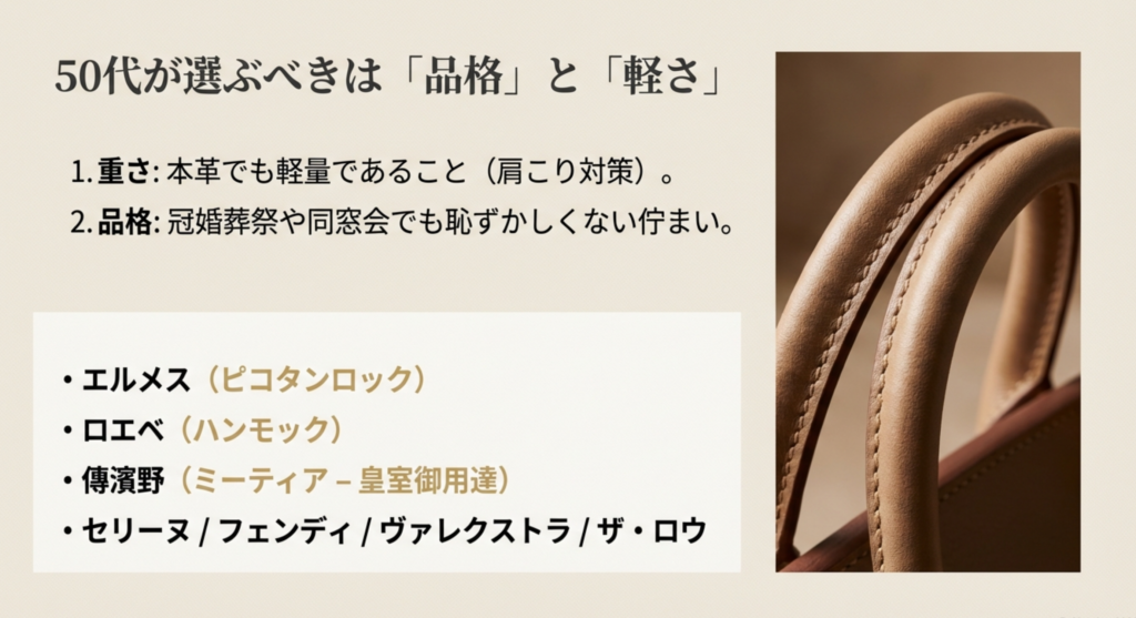 バッグのハンドルの写真とともに、「品格」と「軽さ」が重要であると説明。エルメス、ロエベ、傳濱野などの推奨ブランドがリストアップされたスライド。
