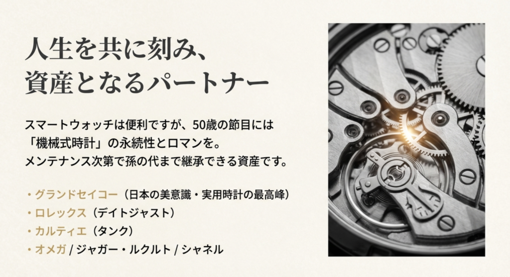 時計の内部機構（ムーブメント）の写真。「人生を共に刻み、資産となるパートナー」として機械式時計を推奨し、グランドセイコーやロレックスなどを紹介するスライド。