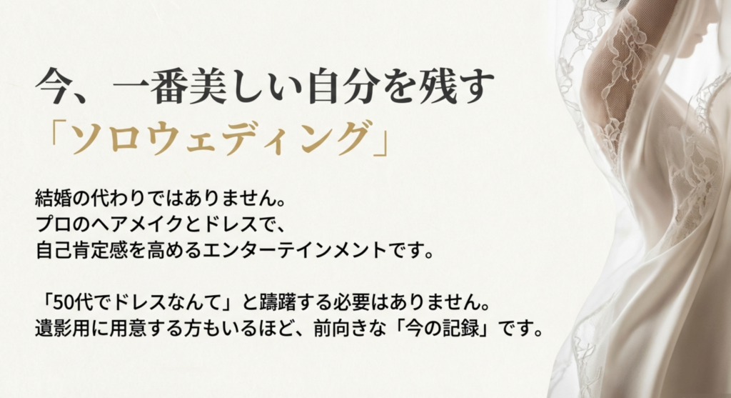 「今、一番美しい自分を残す」というメッセージ。結婚の代わりではなく、自己肯定感を高めるエンターテインメントとしてのソロウェディングを解説したスライド。