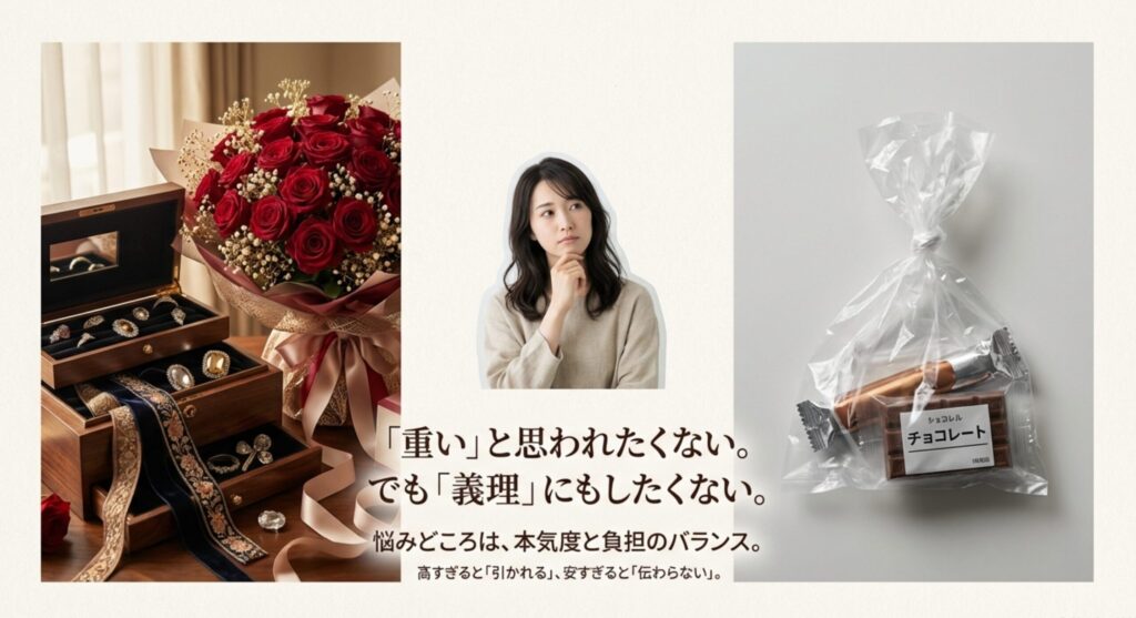 高価すぎるジュエリーやバラの花束と、悩みどころである本気度と負担のバランスについての解説図