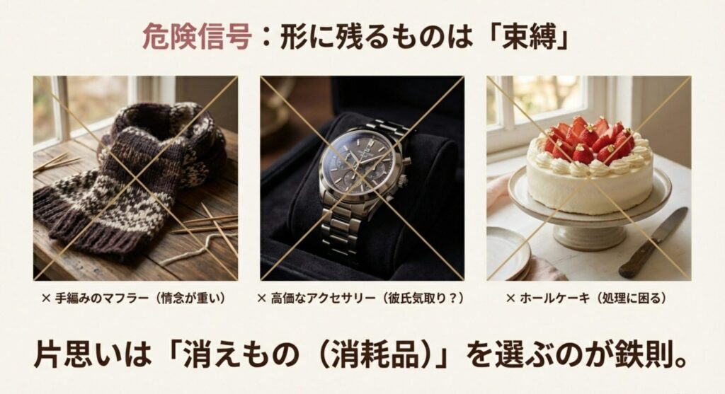 手編みのマフラー、高価な時計、ホールの手作りケーキなど、付き合っていない男性に渡すと「重い」「束縛」と感じられるアイテムの例