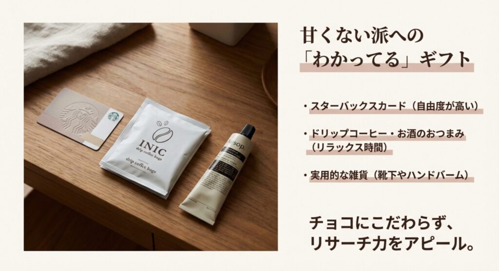 チョコレート以外で喜ばれるバレンタインギフト。スターバックスカード、ドリップコーヒー、イソップのハンドクリームなどの実用的なアイテム。