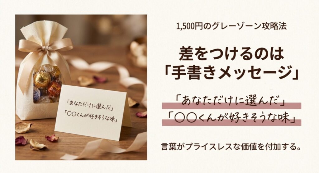 義理チョコと差別化するための手書きメッセージカードの例。「あなただけに選んだ」「○○くんが好きそうな味」などの言葉が効果的。