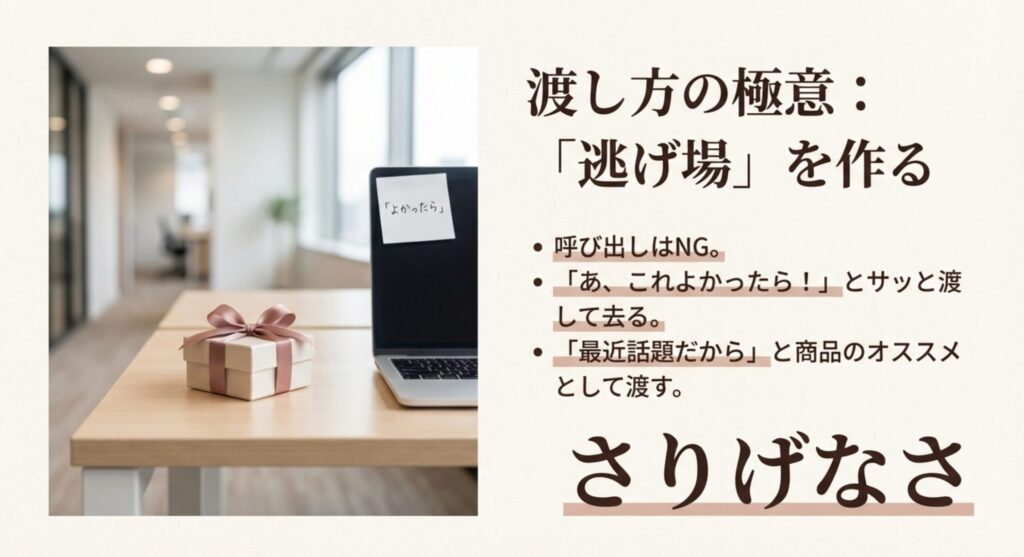 職場のデスクにメッセージ付きで置く渡し方の例。「よかったら」という言葉と付箋を使うことで、相手に逃げ場を作りプレッシャーを与えない。