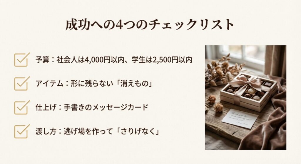 予算、アイテム選び、メッセージ、渡し方の4つのポイントをまとめた成功のためのチェックリストまとめ。