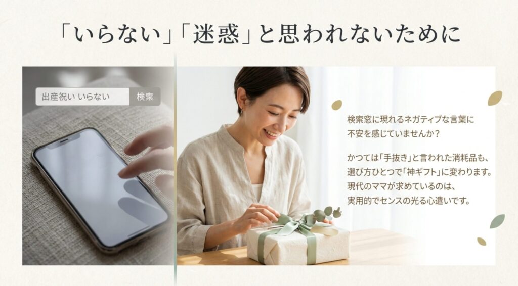 スマホ検索画面の「出産祝い いらない」というネガティブワードと、笑顔でプレゼントを開ける女性の対比