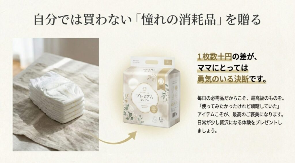高級おむつのパッケージとおむつの山。毎日使う必需品だからこそ最高級のものを贈る価値がある
