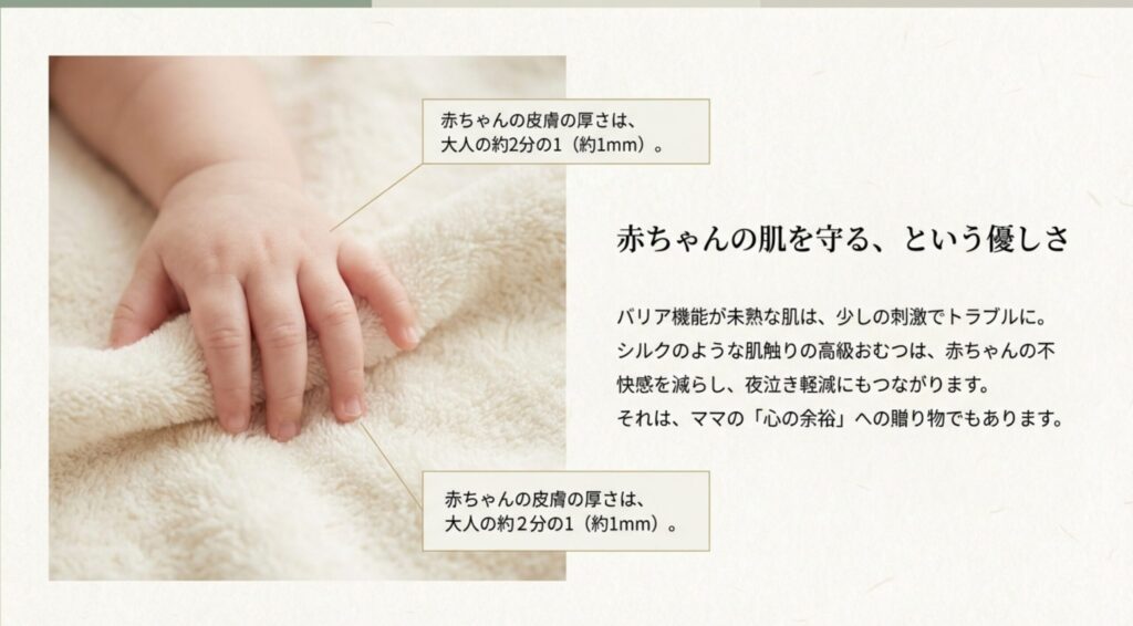 赤ちゃんの皮膚の厚さは大人の約2分の1であることを示す比較図と解説