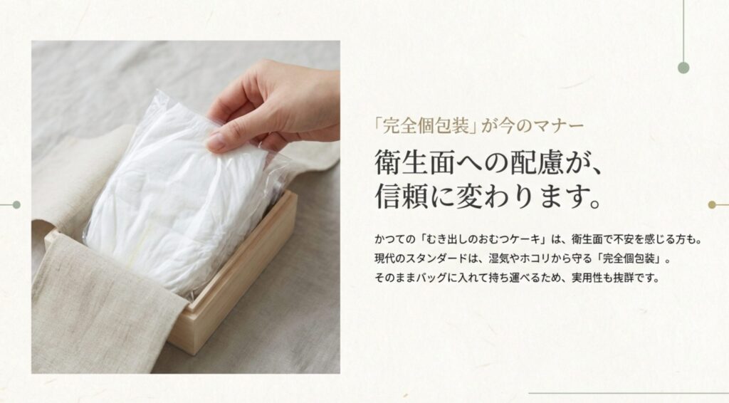 一枚一枚丁寧に個包装されたおむつが木箱に入っている様子