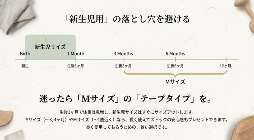 新生児サイズとS・Mサイズの使用期間を比較したチャート。「新生児用」の落とし穴を避ける