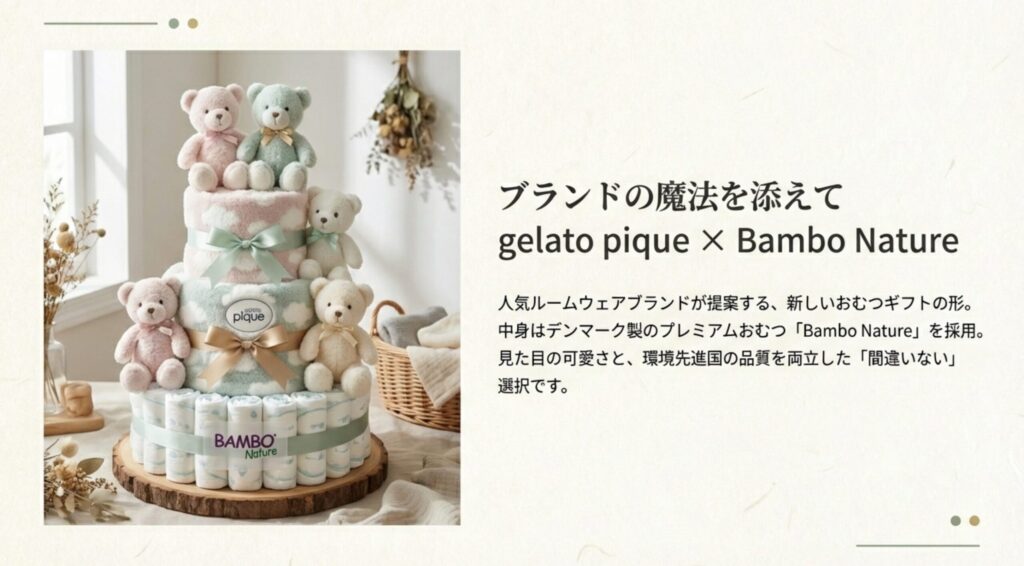 ジェラートピケのくまのぬいぐるみとバンボネイチャーのおむつで作られたおむつケーキ