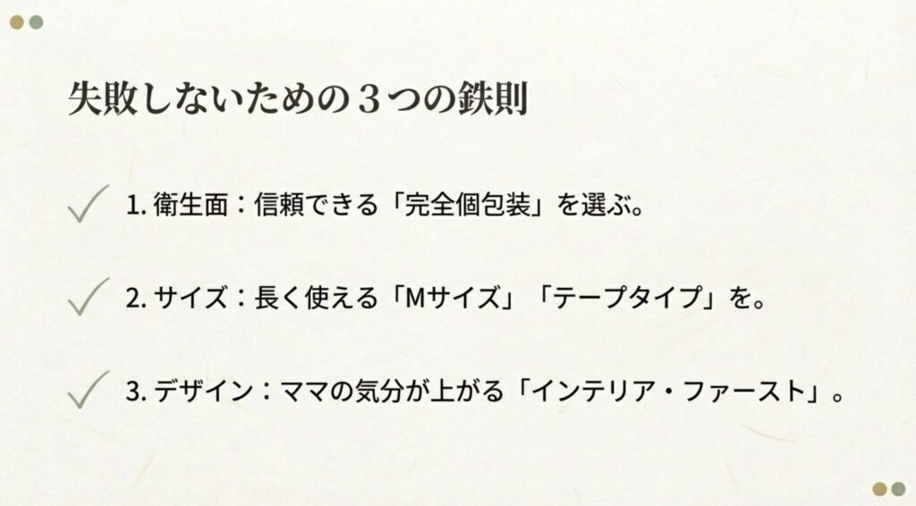 衛生面・サイズ・デザインの3点を確認するチェックリスト
