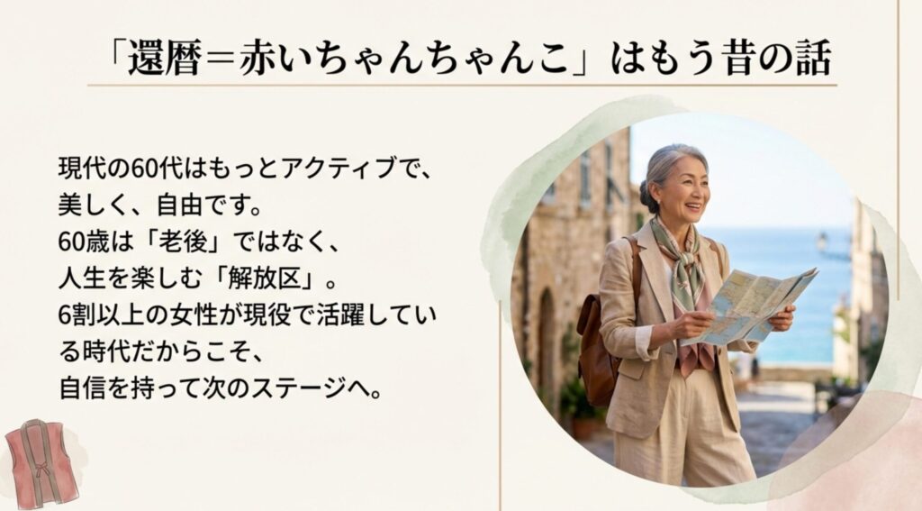 赤いちゃんちゃんこは卒業。アクティブで自由な現代の60代女性