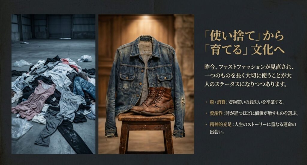 使い捨てから育てる文化へ：ファストファッションと一生モノの対比
