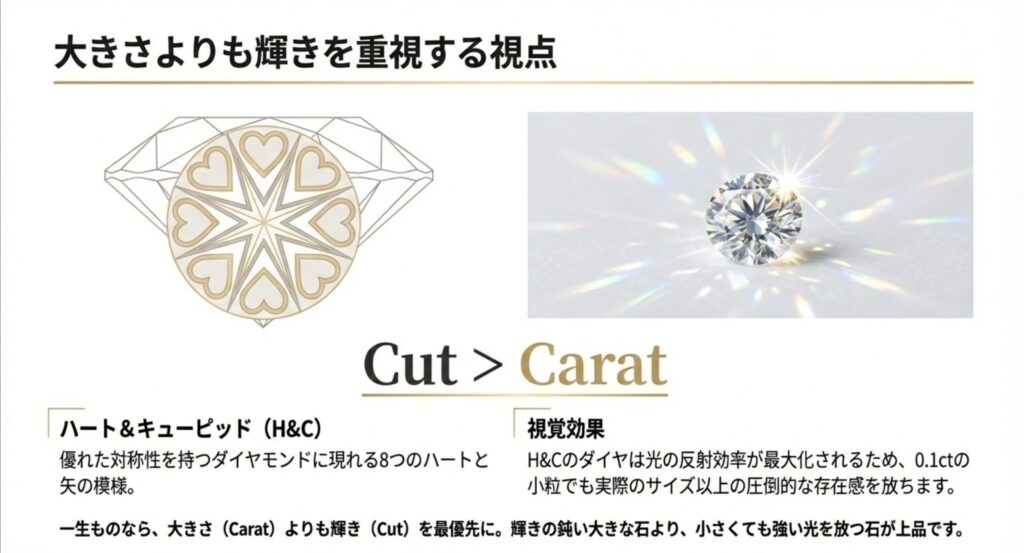 ダイヤモンドの大きさよりも輝きを重視する視点とハート＆キューピッドの解説