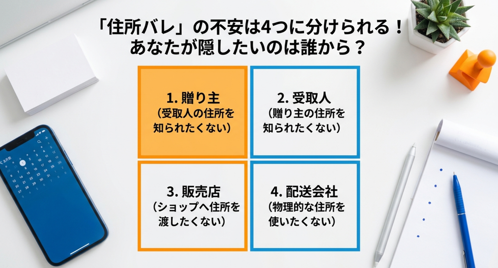 ソーシャルギフトの住所バレは贈り主、受取人、販売店、配送会社の誰から住所を隠したいかを分けて考える