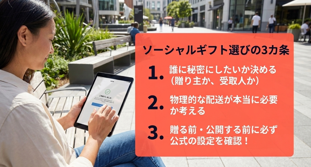 ソーシャルギフトは誰に住所を知られたくないか、物理配送が必要か、現在の公式設定を確認したかの3点から選ぶ