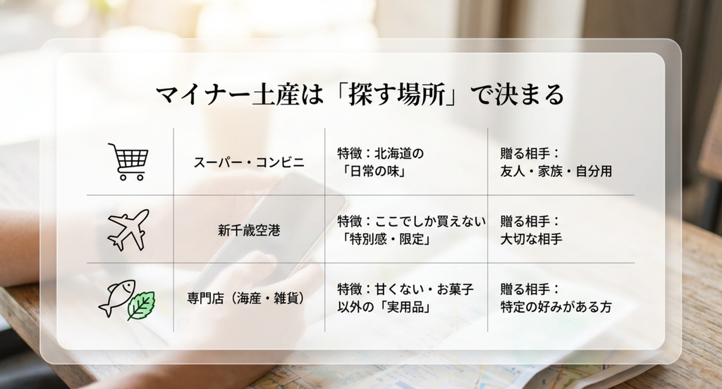 スーパー・コンビニ、新千歳空港、専門店から北海道のマイナーなお土産を探す場所を比較したスライド