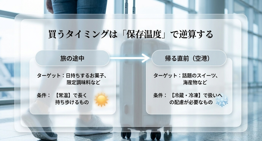 常温土産は旅の途中、冷蔵冷凍品は帰る直前に買う北海道土産の購入タイミングを示すスライド