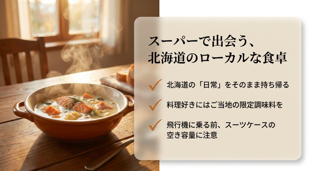 北海道のスーパーでご当地調味料や即席麺など日常の味をお土産に選ぶポイントを示すスライド