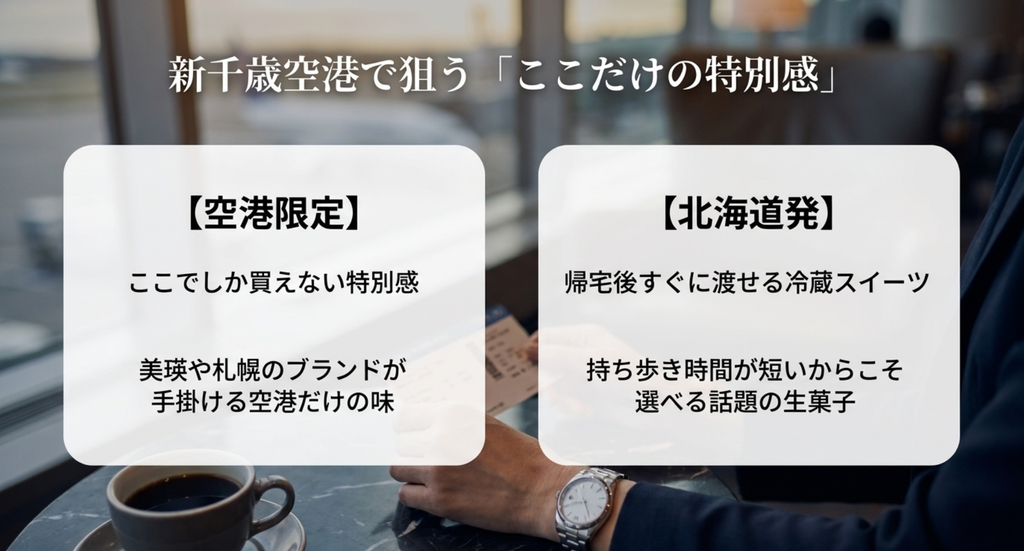新千歳空港限定品と北海道発の冷蔵スイーツを分けて選ぶポイントを示すスライド
