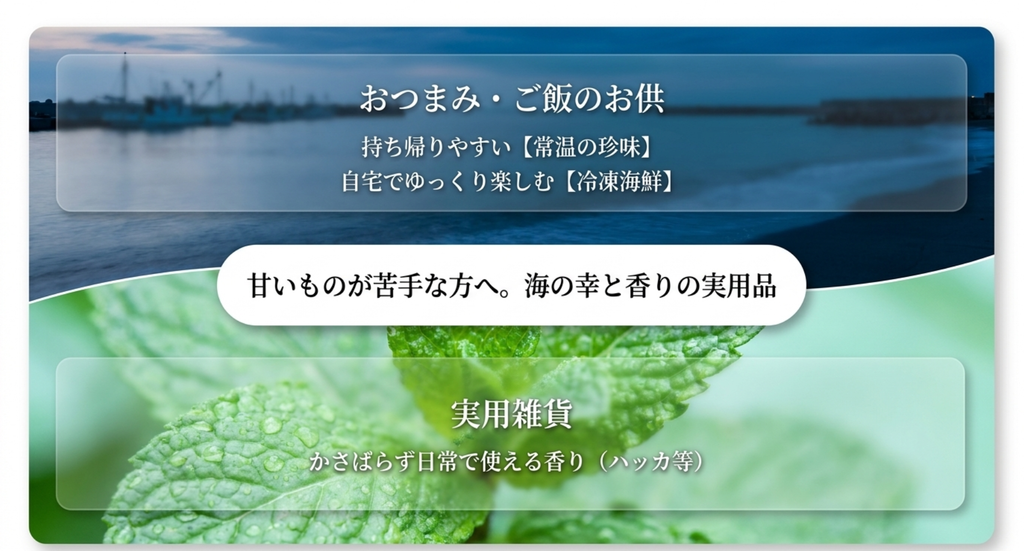 常温の珍味や冷凍海鮮、ハッカなど甘くない北海道土産と実用雑貨を紹介するスライド