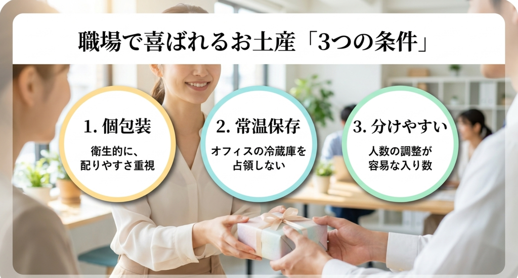 個包装・常温保存・分けやすさを職場向け北海道土産の3条件として示すスライド