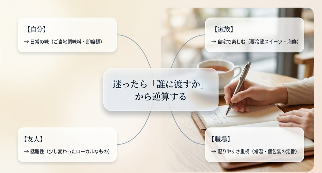 自分・家族・友人・職場ごとに北海道土産を選ぶ考え方を示すスライド