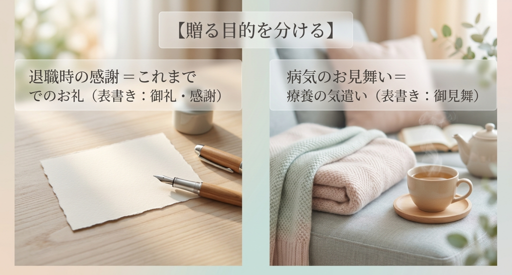 病気退職の贈り物は退職時の感謝と療養のお見舞いで目的を分け、表書きを御礼・感謝または御見舞にする考え方