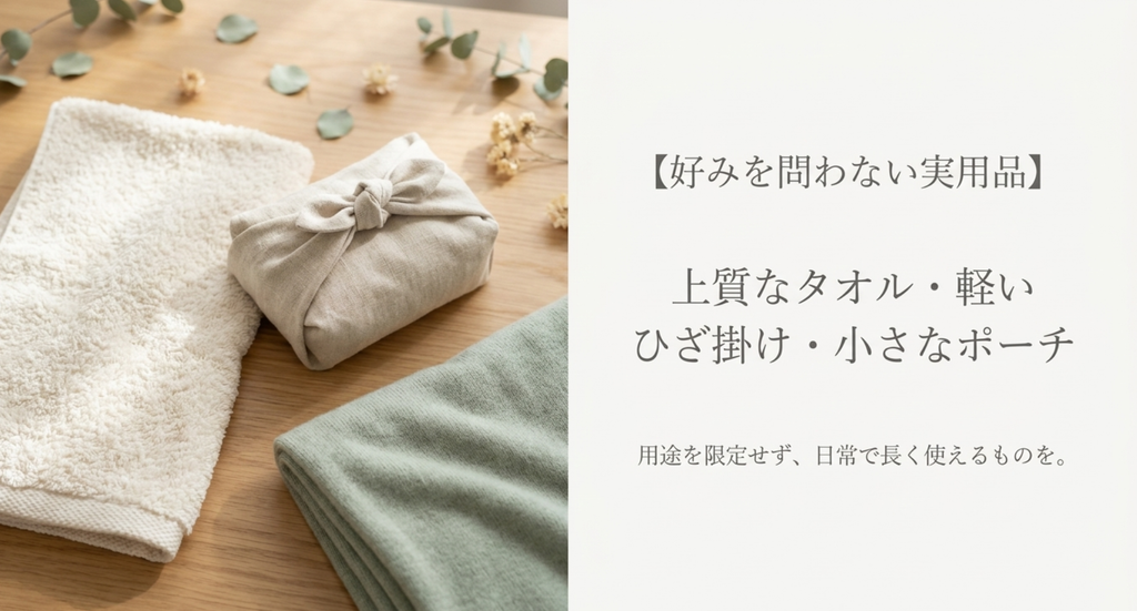 上質なタオル、軽いひざ掛け、小さなポーチなど、病気で退職する女性へ用途を限定せず日常で長く使える実用品を選ぶ考え方